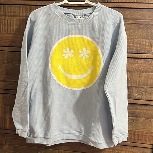 Happy Face Light Blue Ribbed Shirt - Size Medium by Katydid - Picture 4 of 8